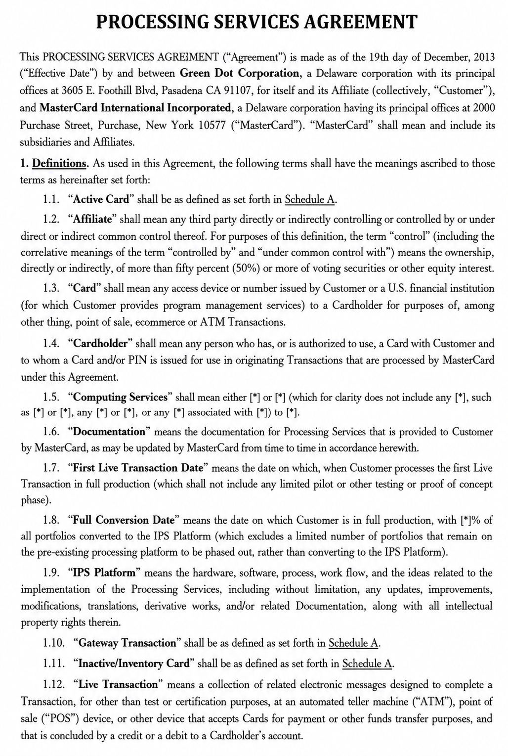 MASTERCARD PROCESSING SERVICES AGREEMENT - Free AI Contract Generator, 50+ Real Contract Examples