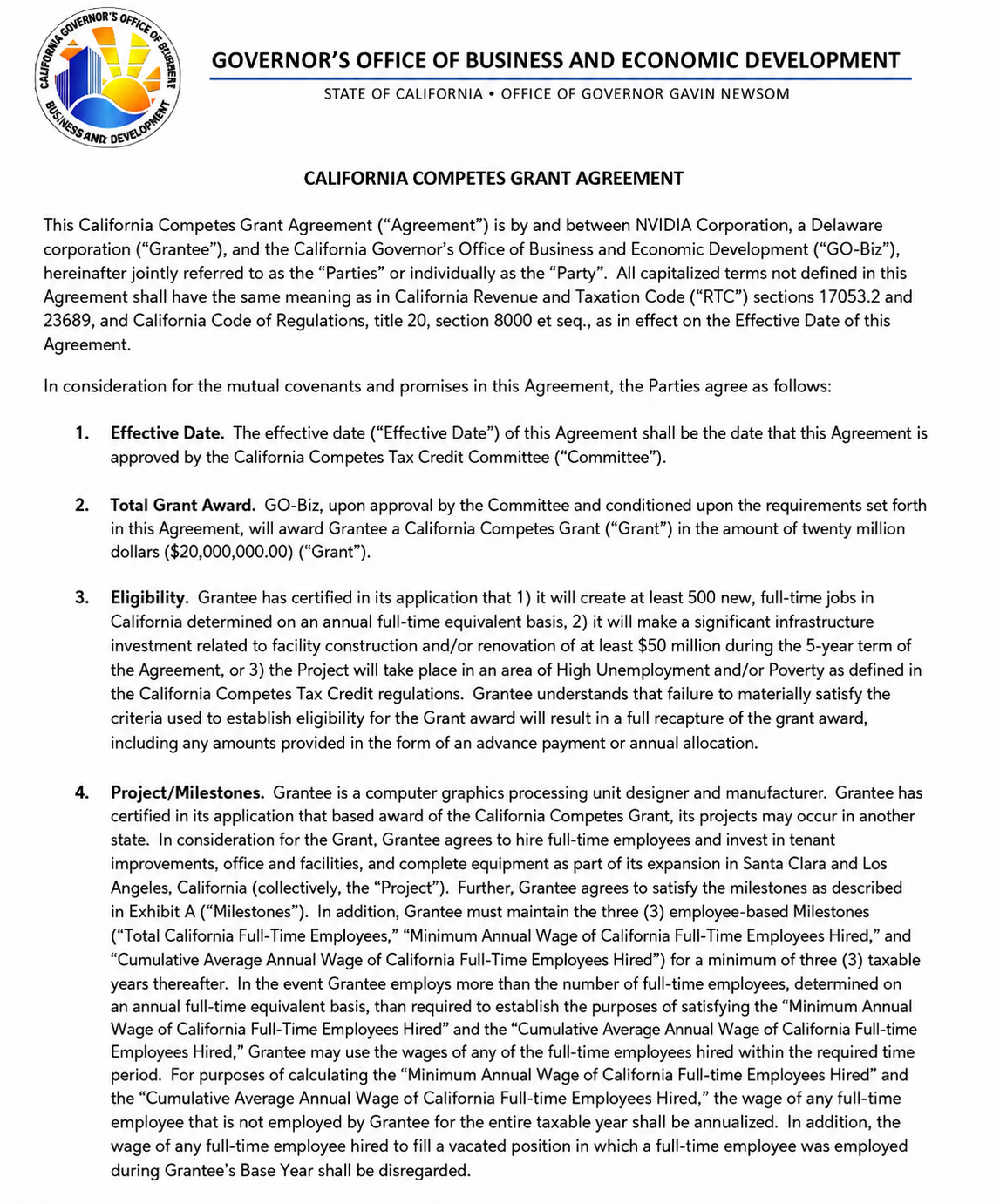 NVIDIA CALIFORNIA COMPETES GRANT AGREEMENT - Free AI Contract Generator, 50+ Real Contract Examples