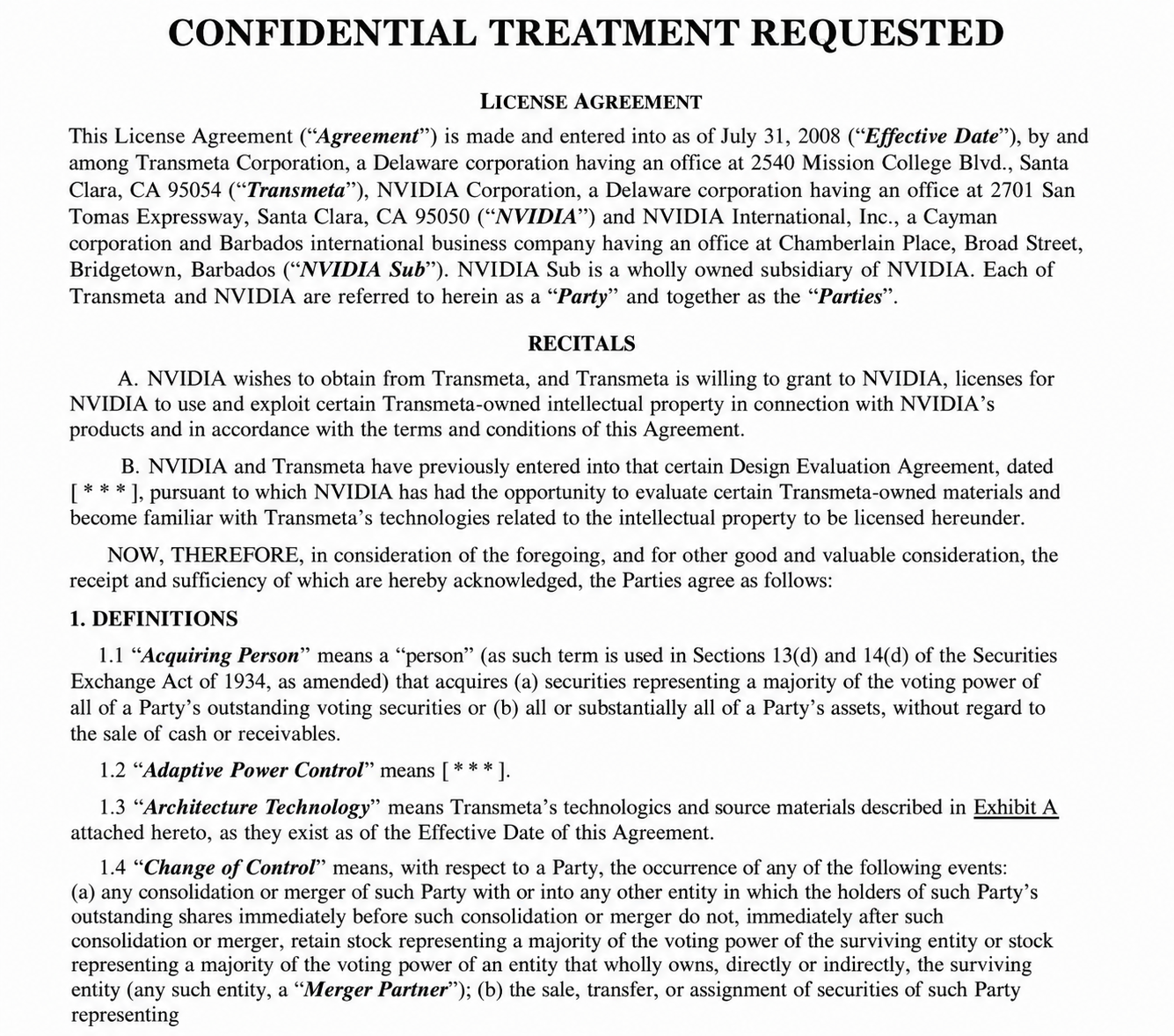 NVIDIA CORPORATION CONFIDENTIAL TREATMENT REQUESTED - Free AI Contract Generator, 50+ Real Contract Examples