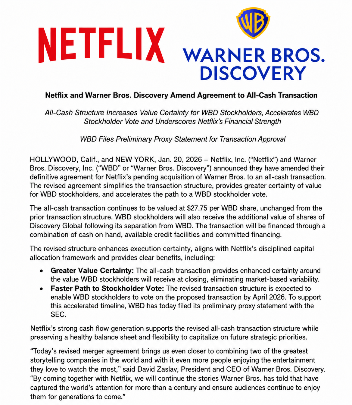 Netflix and Warner Bros. Amended Agreement - Free AI Contract Generator, 50+ Real Contract Examples