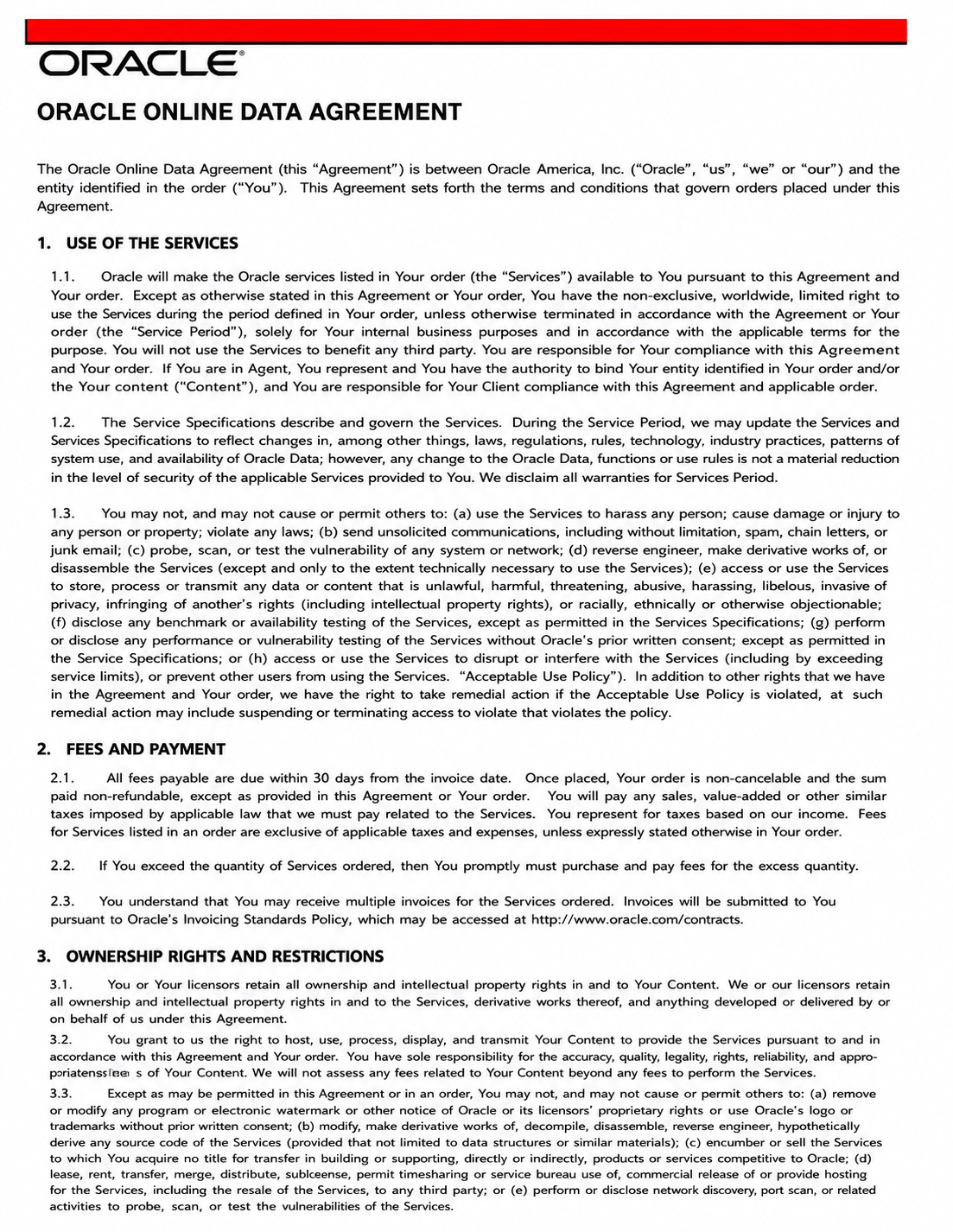 ORACLE ONLINE DATA AGREEMENT - Free AI Contract Generator, 50+ Real Contract Examples