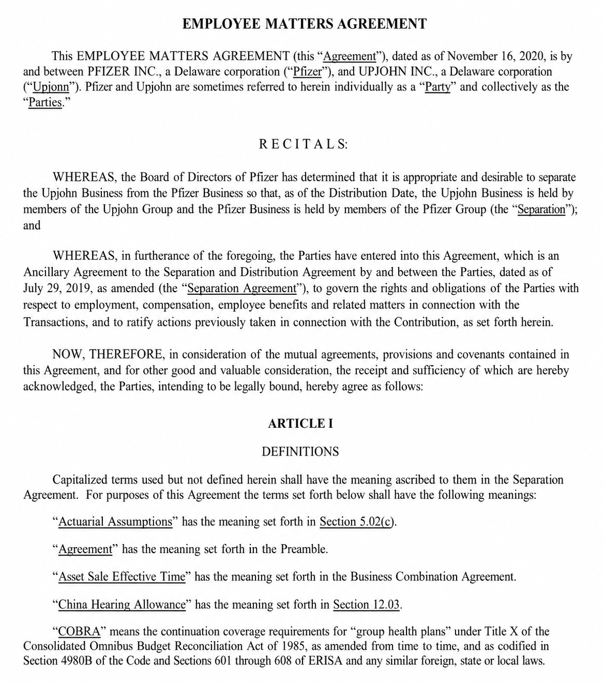 PFIZER EMPLOYEE MATTERS AGREEMENT - Free AI Contract Generator, 50+ Real Contract Examples