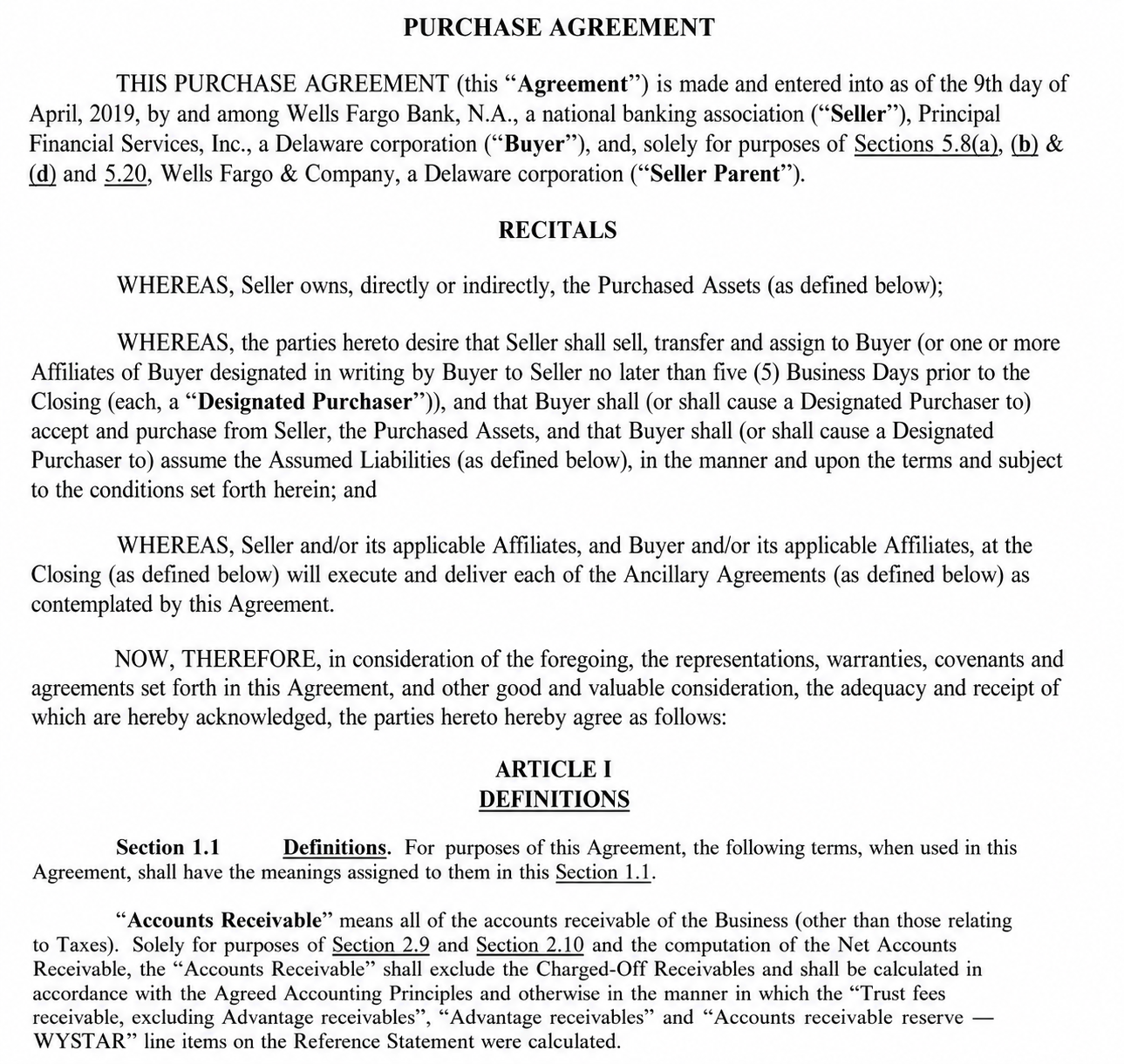 PURCHASE AGREEMENT between PRINCIPAL FINANCIAL SERVICES and WELLS FARGO & COMPANY - Free AI Contract Generator, 50+ Real Contract Examples