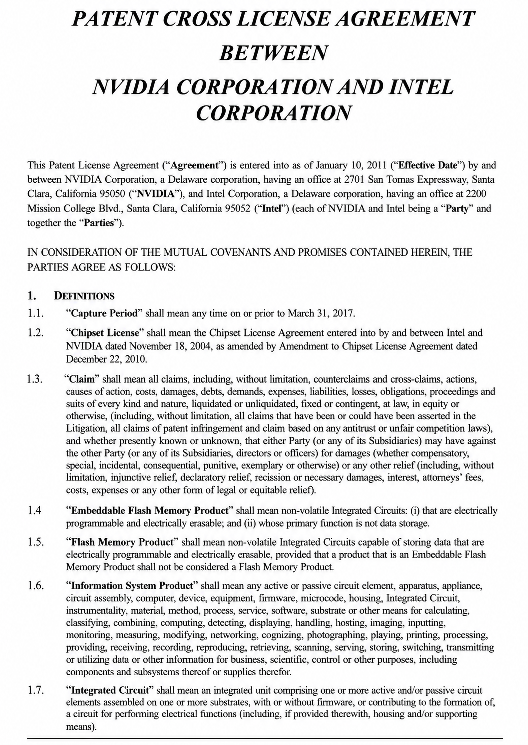 Patent Cross License Agreement between NVIDIA CORPORATION AND INTEL CORPORATION - Free AI Contract Generator, 50+ Real Contract Examples