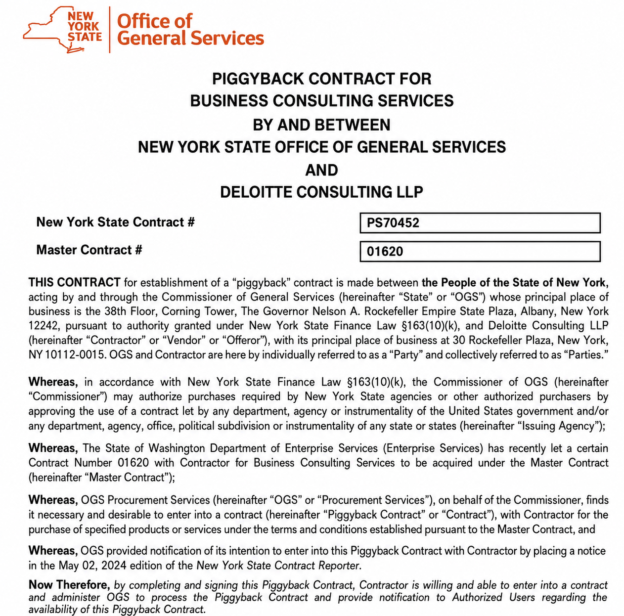 Piggyback Contract for Business Consulting Services between State Office of General Services and Deloitte LLP - Free AI Contract Generator, 50+ Real Contract Examples