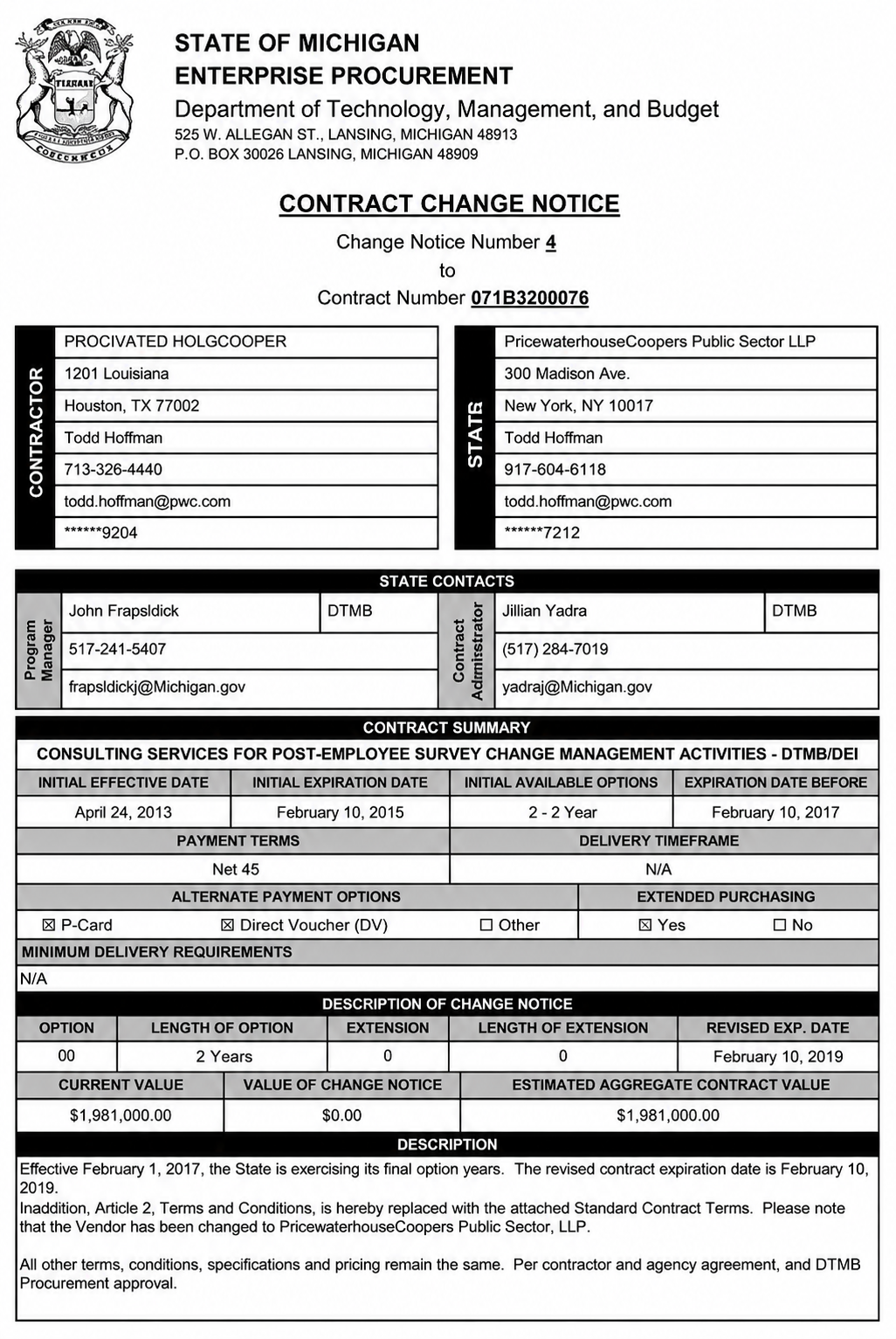 PricewaterhouseCoopers Contract Change Notice - Free AI Contract Generator, 50+ Real Contract Examples
