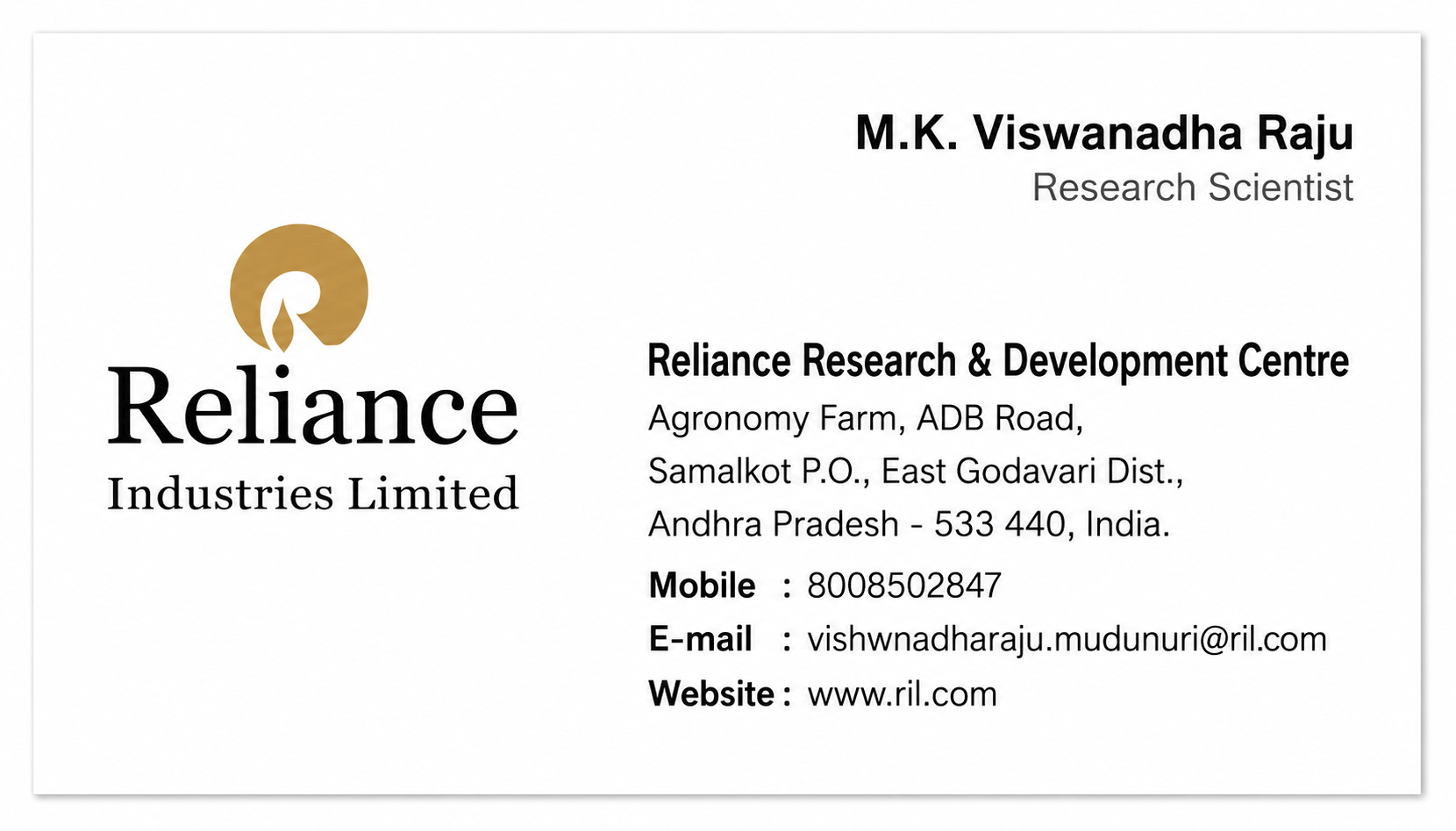 Reliance Business Card Example - Business Card Examples, AI Business Card Generator