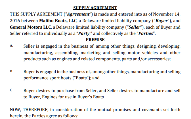 SUPPLY AGREEMENT between Malibu Boats, LLC and General Motors LLC - Free AI Contract Generator, 50+ Real Contract Examples