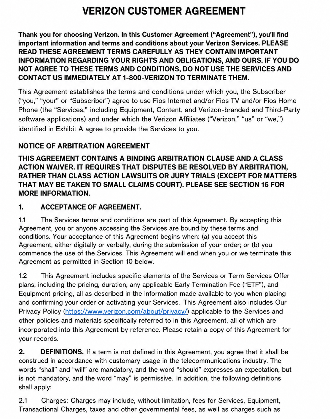 VERIZON CUSTOMER AGREEMENT - Free AI Contract Generator, 50+ Real Contract Examples