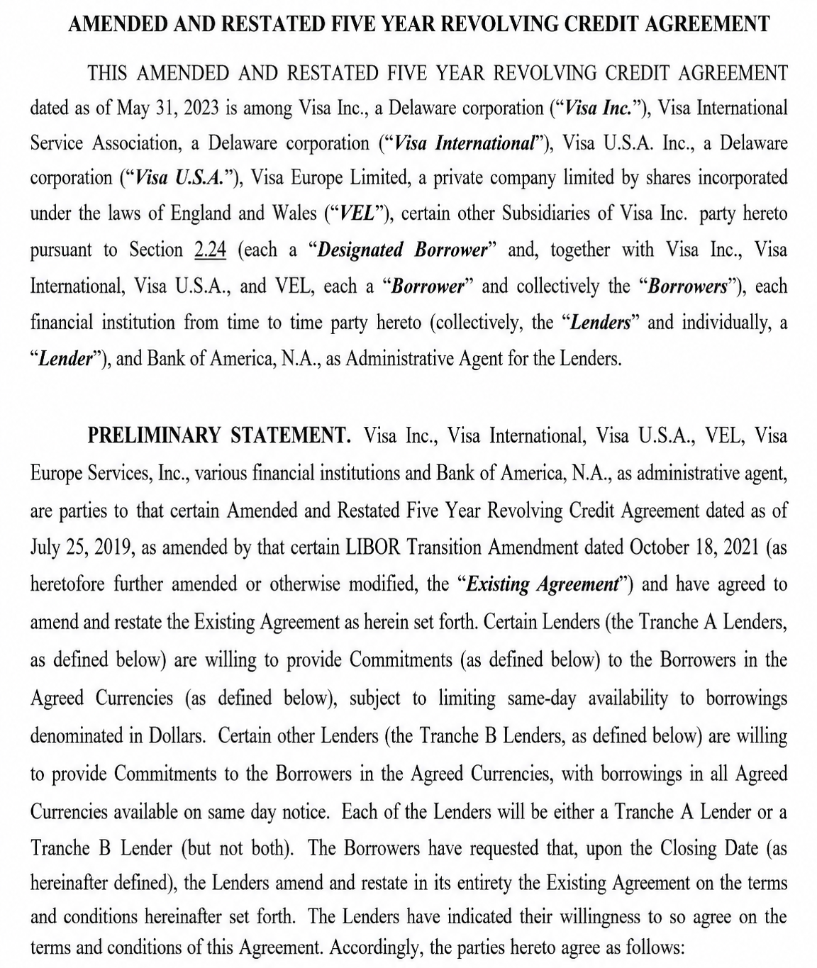 VISA AMENDED AND RESTATED FIVE YEAR REVOLVING CREDIT AGREEMENT - Free AI Contract Generator, 50+ Real Contract Examples