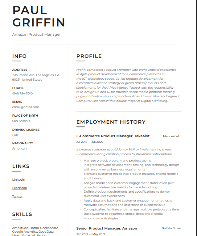 Amazon Product Manager Resume - Free AI Resume Bulider, 50+ Real Resume Examples