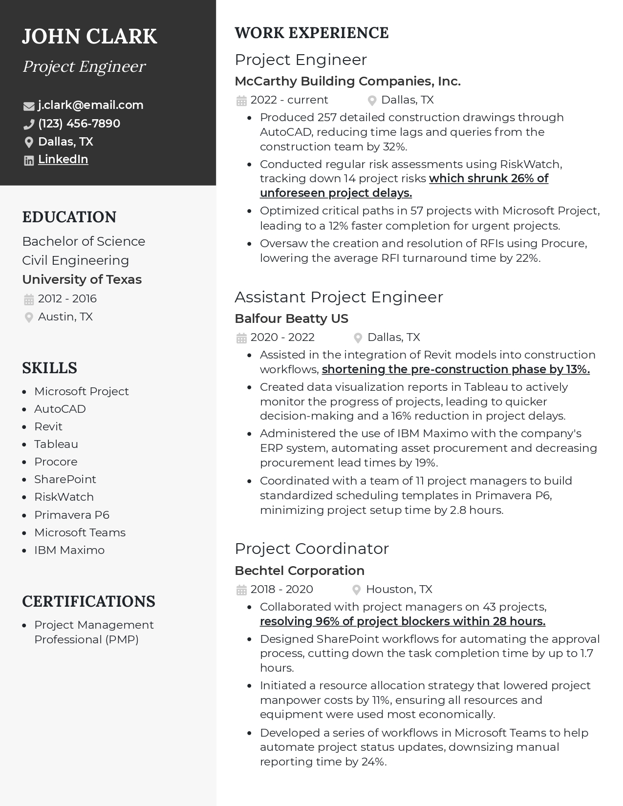 Bechtel Project Engineer Resume - Free AI Resume Bulider, 50+ Real Resume Examples