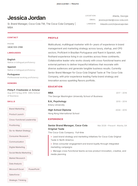 Coca-Cola Brand Manager Resume - Free AI Resume Bulider, 50+ Real Resume Examples