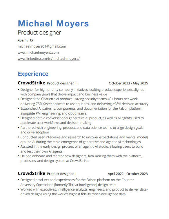 CrowdStrike Product Designer Resume - Free AI Resume Bulider, 50+ Real Resume Examples