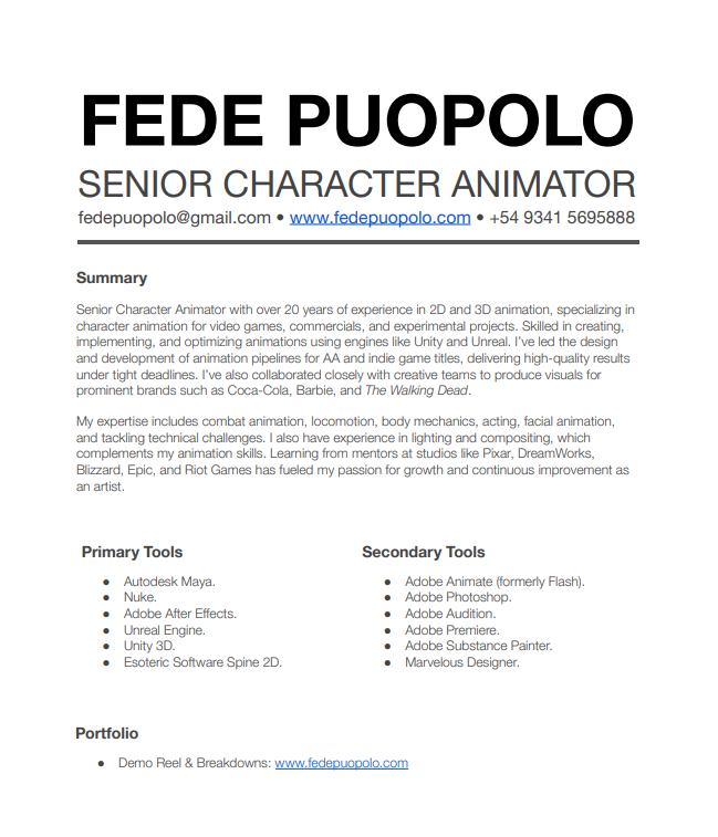 Fortis Games Animator Resume - Free AI Resume Bulider, 50+ Real Resume Examples