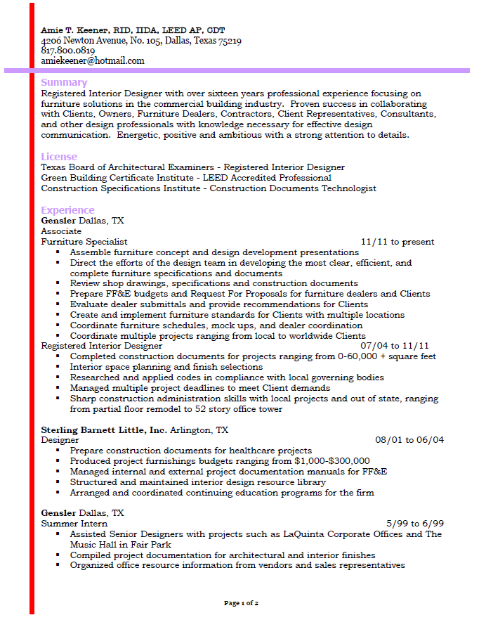 Gensler Interior Designer Resume - Free AI Resume Bulider, 50+ Real Resume Examples