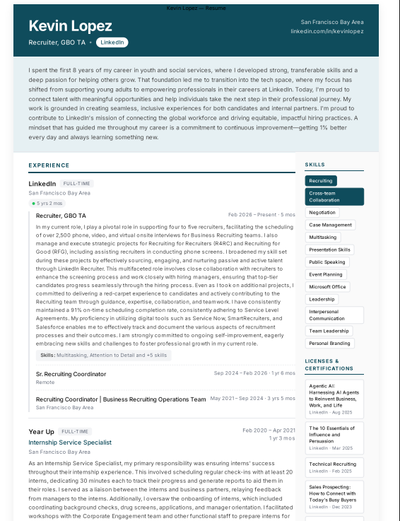 LinkedIn Recruiter Resume - Free AI Resume Bulider, 50+ Real Resume Examples