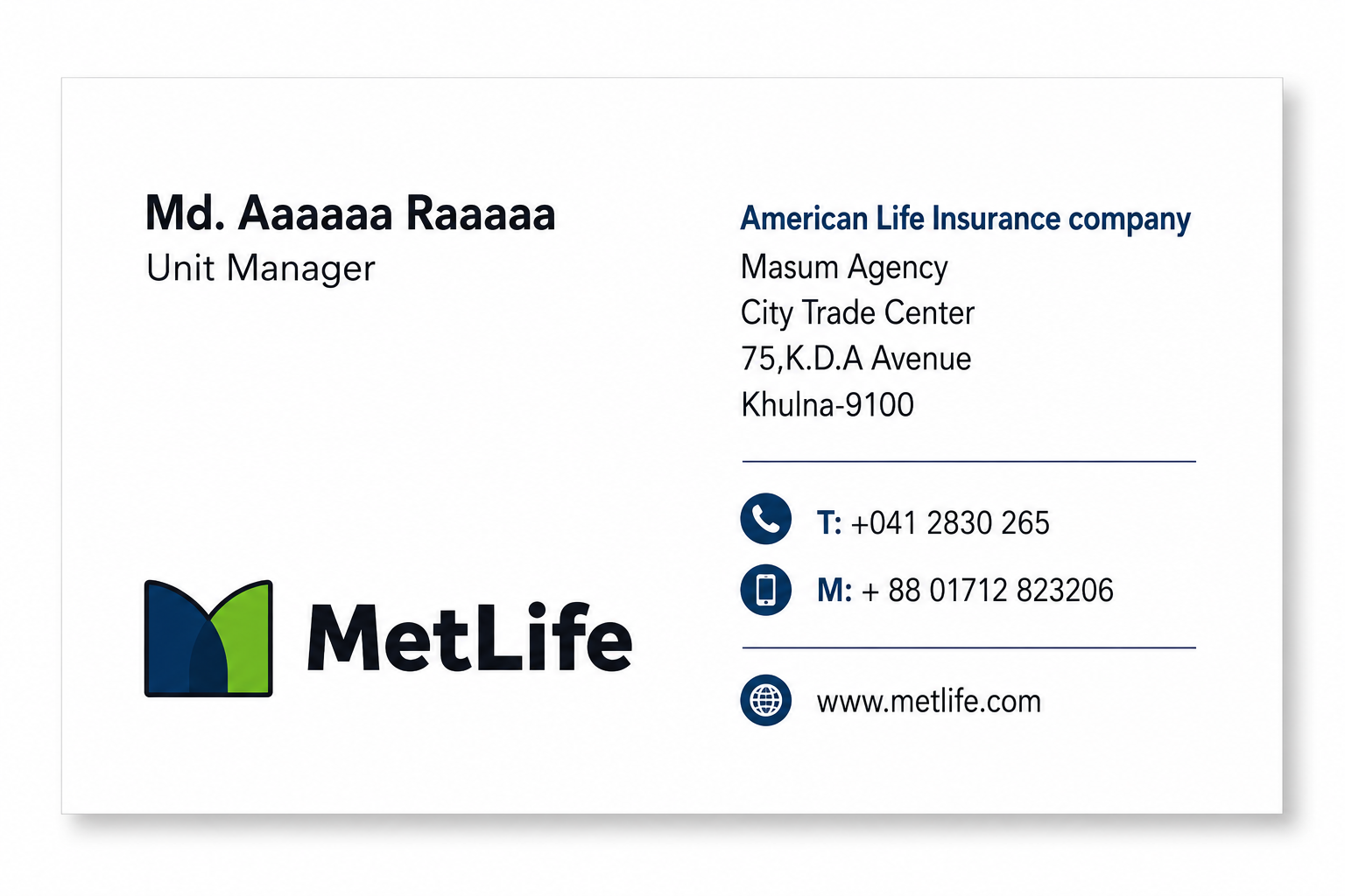 MetLife Insurance Business Card - Business Card Examples, AI Business Card Generator