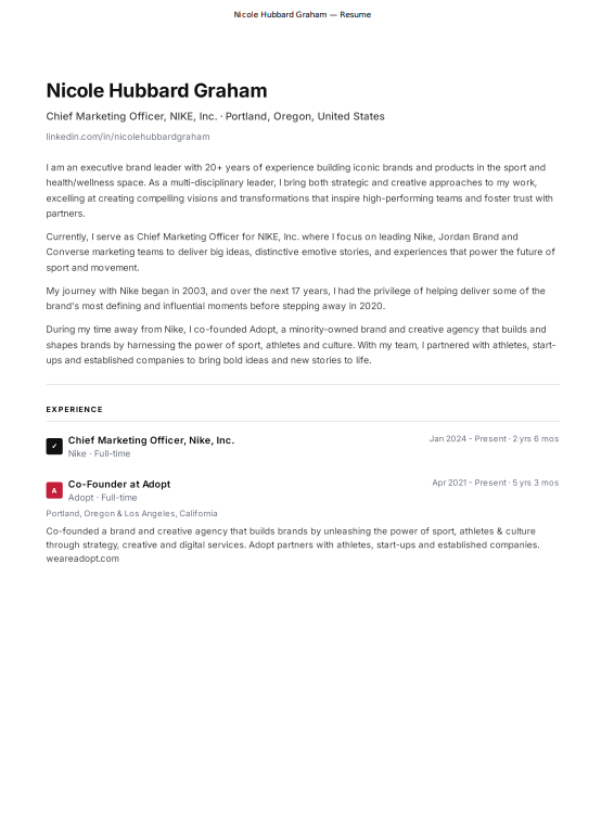 Nike Chief Marketing Officer Resume - Free AI Resume Bulider, 50+ Real Resume Examples