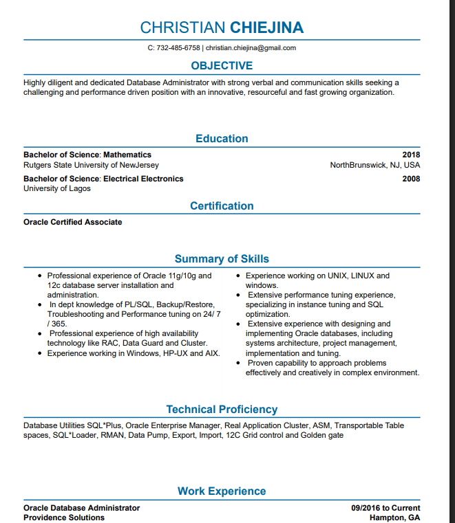 Oracle Database Administrator Resume - Free AI Resume Bulider, 50+ Real Resume Examples
