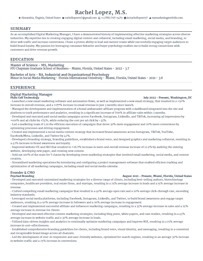 Plant Cell Technology Digital Marketing Manager Resume - Free AI Resume Bulider, 50+ Real Resume Examples