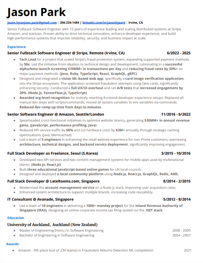 Stripe Full-Stack Developer Resume - Free AI Resume Bulider, 50+ Real Resume Examples