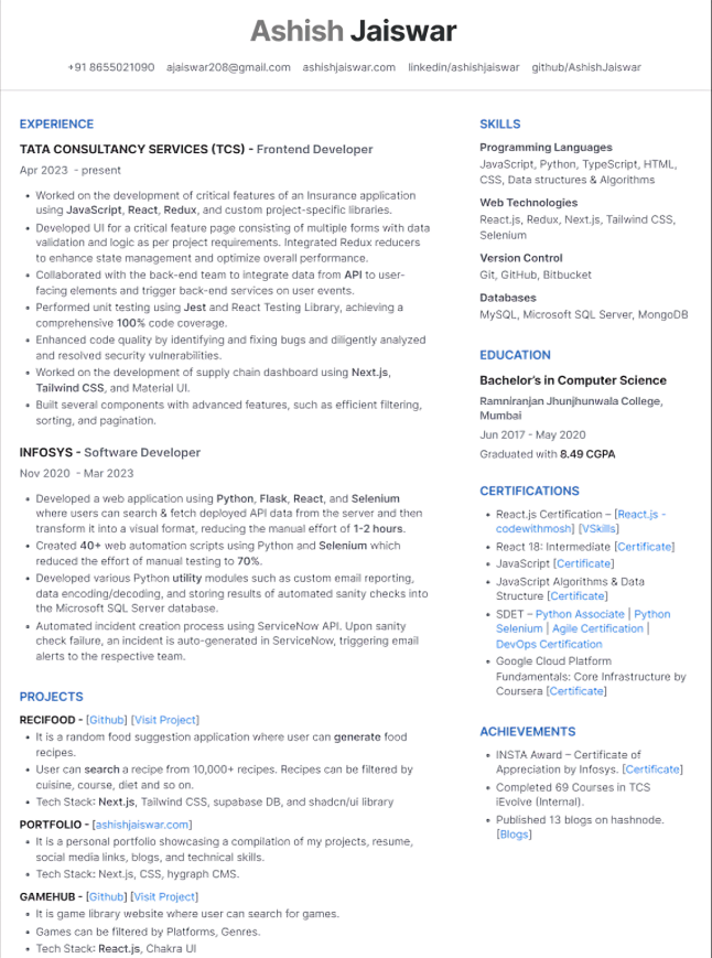 TATA Front-End Developer Resume - Free AI Resume Bulider, 50+ Real Resume Examples