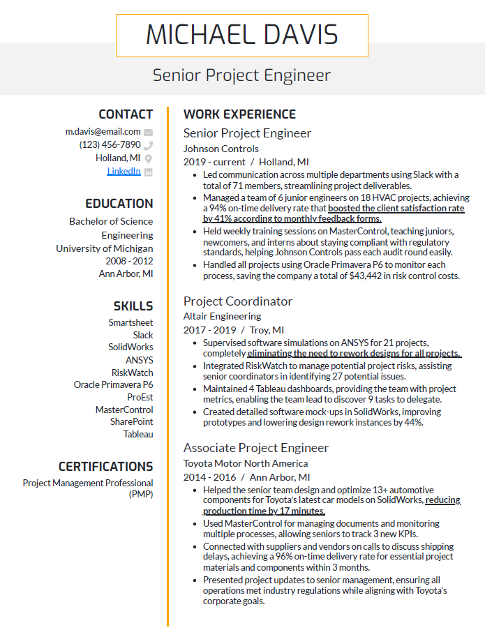 Toyota Project Engineer Resume - Free AI Resume Bulider, 50+ Real Resume Examples