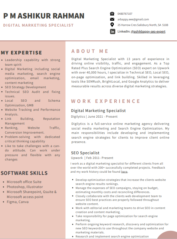 Upwork SEO Specialist Resume - Free AI Resume Bulider, 50+ Real Resume Examples