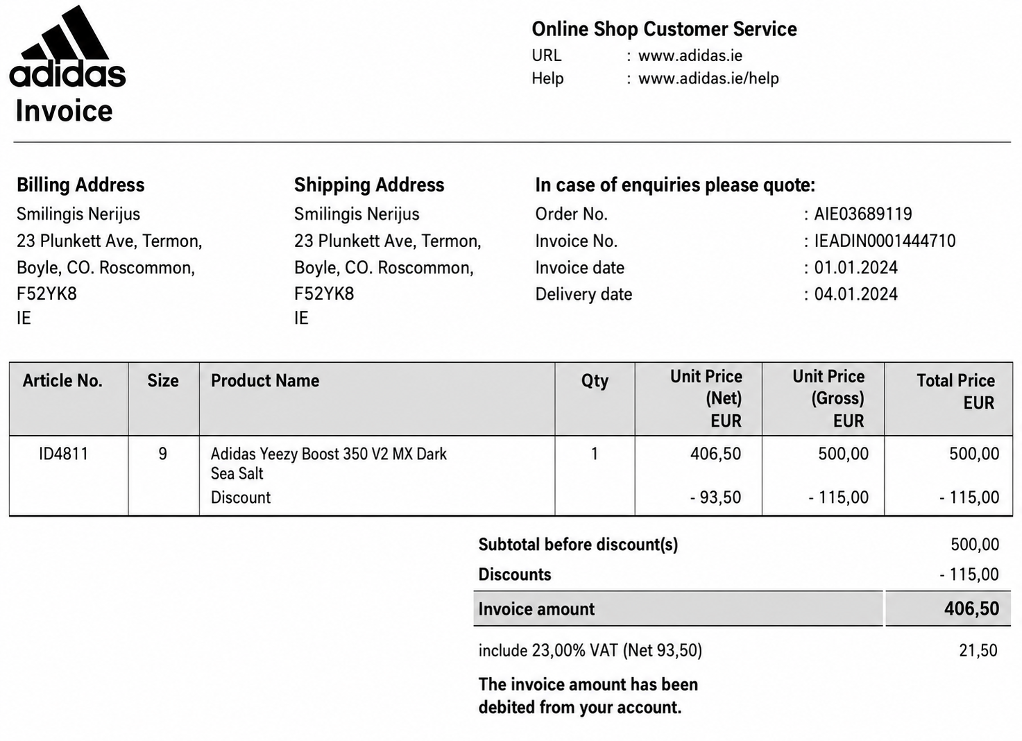 Adidas Invoice  - Free AI Invoice Generator, 50+ Real Invoice Examples