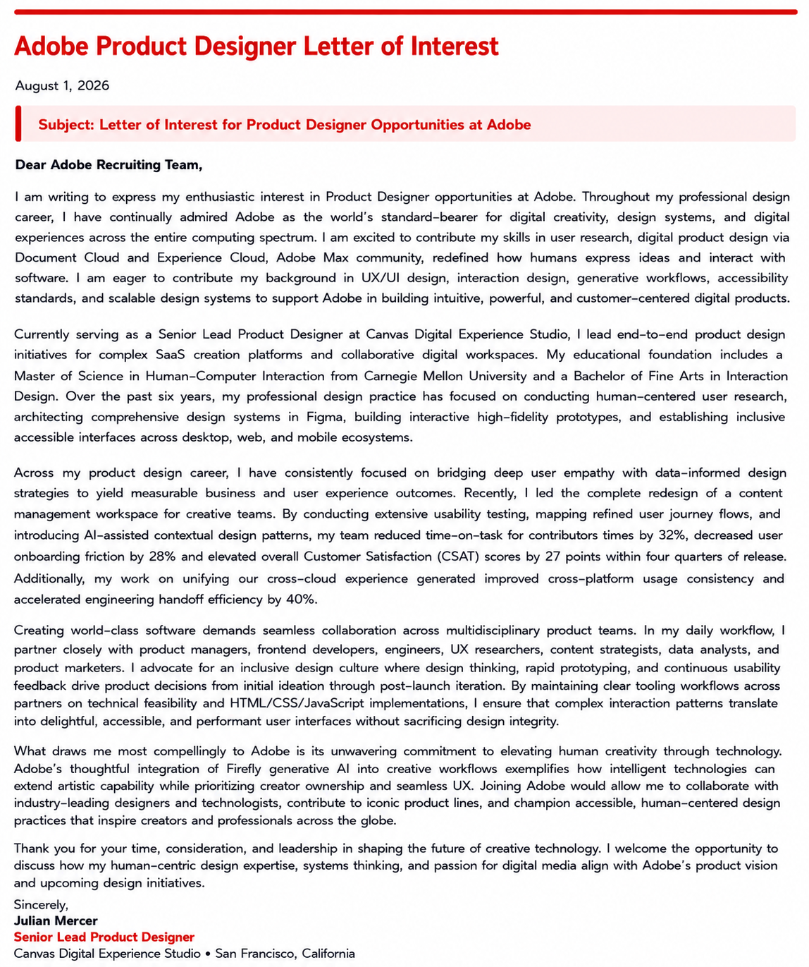 Adobe Product Designer Letter of Interest - Free AI Letter of Interest Generator, 50+ Real Letter of Interest Examples