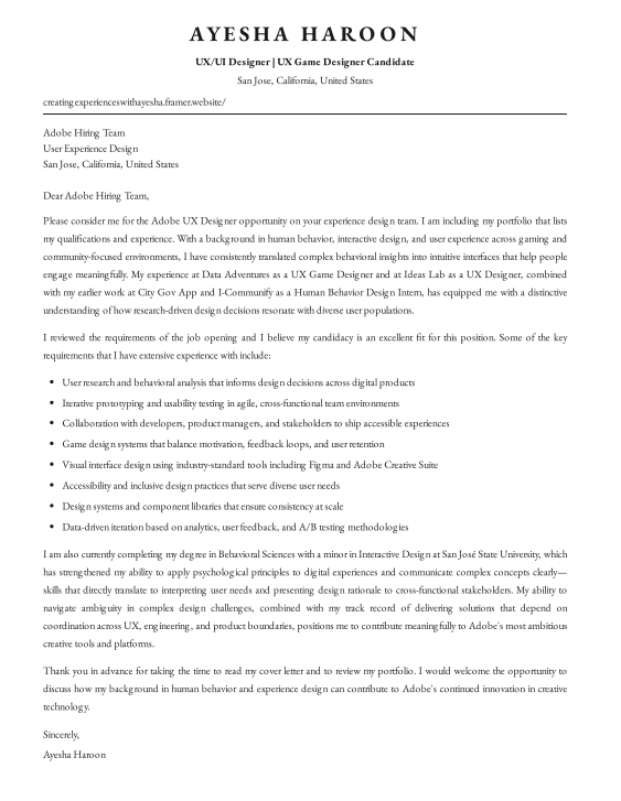 Adobe UX Designer Cover Letter - Free AI Cover Letter Generator, 50+ Real Cover Letter Examples