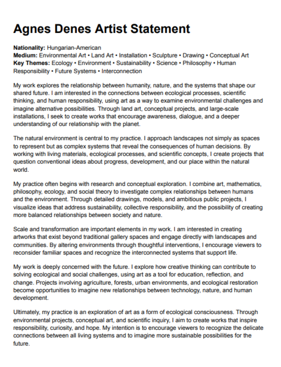 Agnes Denes Artist Statement - Free AI Artist Statement Generator, 50+ Real Artist Statement Examples