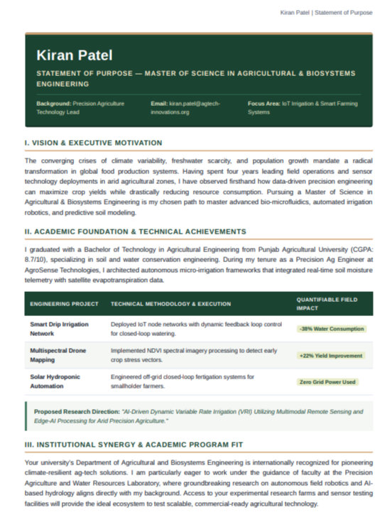 Agricultural Engineering Statement of Purpose - Free AI Statement of Purpose Generator with 50+ Real SOP Examples
