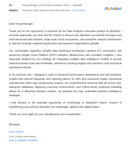 Alphabet Data Analytics Associate - AI Thank you Email after Interview Generator
