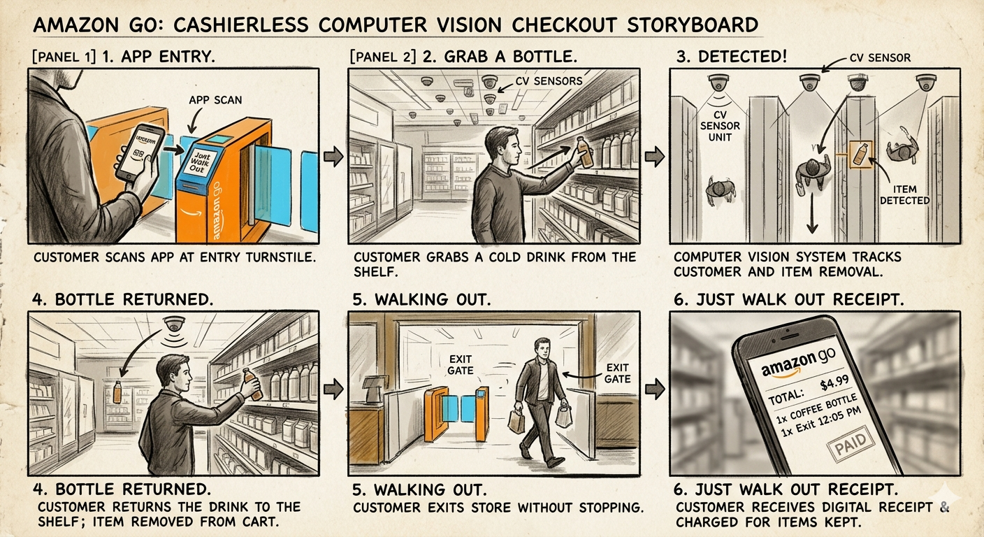 Amazon Go Cashierless Computer Vision Checkout Storyboard - Free AI Storyboard Generator, 50+ Real Storyboard Examples