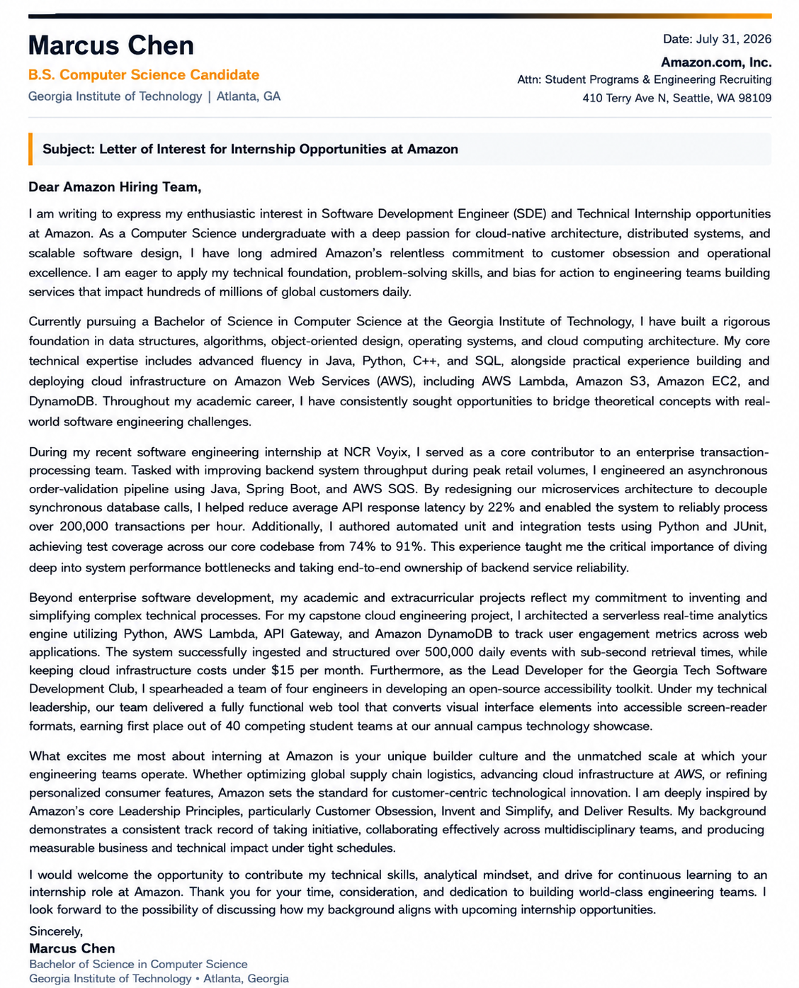 Amazon Internship Letter of Interest - Free AI Letter of Interest Generator, 50+ Real Letter of Interest Examples