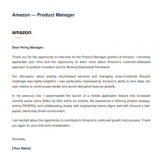 Amazon Product Manager - AI Thank you Email after Interview Generator