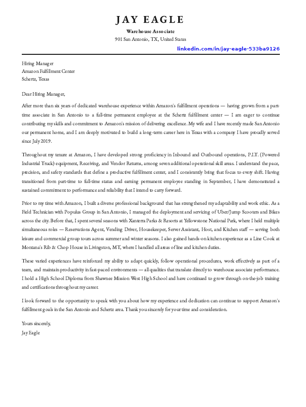 Amazon Warehouse Associate Cover Letter - Free AI Cover Letter Generator, 50+ Real Cover Letter Examples