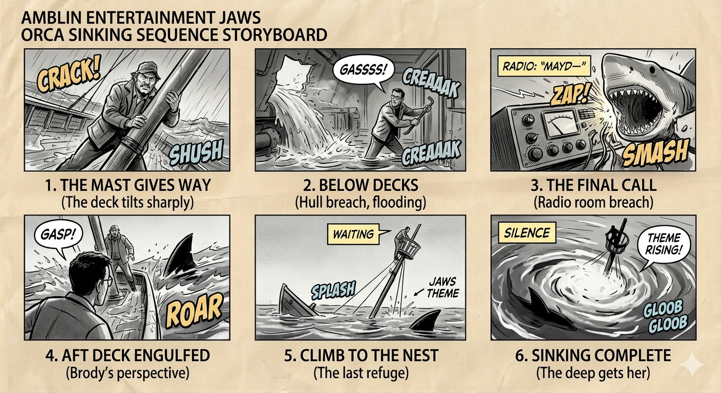 Amblin Entertainment Jaws Orca Sinking Sequence Storyboard - Free AI Storyboard Generator, 40+ Real Storyboard Examples