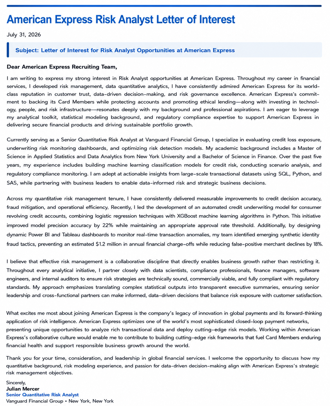 American Express Risk Analyst Letter of Interest - Free AI Letter of Interest Generator, 50+ Real Letter of Interest Examples