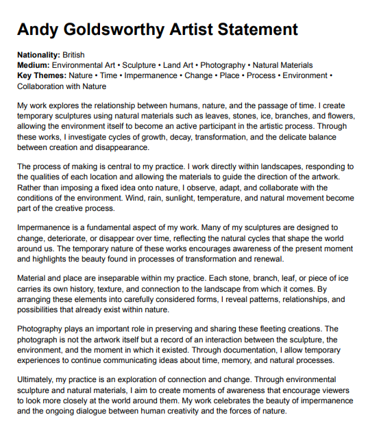 Andy Goldsworthy Artist Statement - Free AI Artist Statement Generator, 50+ Real Artist Statement Examples