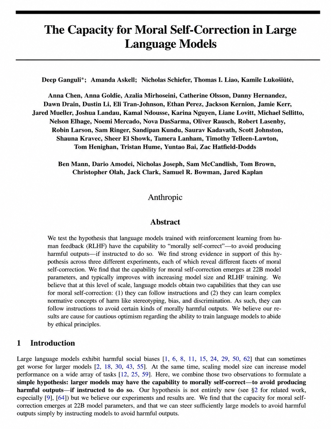 Moral Self-Correction Research Paper by Anthropic - Free AI Research Paper Generator, 50+ Real Research Paper Examples