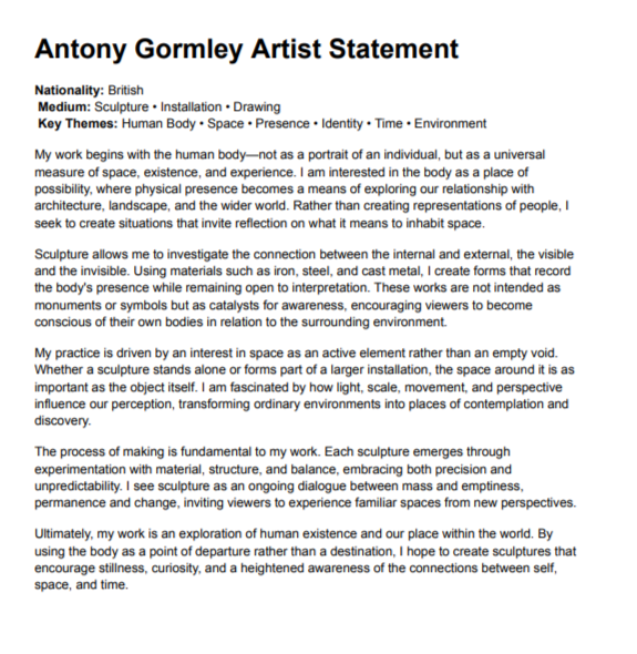 Antony Gormley Artist Statement