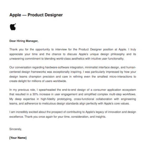 Apple Product Designer - AI Thank you Email after Interview Generator