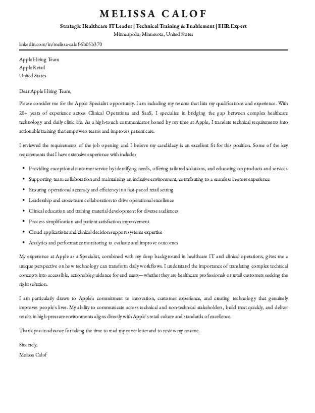 Apple Retail Specialist Cover Letter - Free AI Cover Letter Generator, 50+ Real Cover Letter Examples