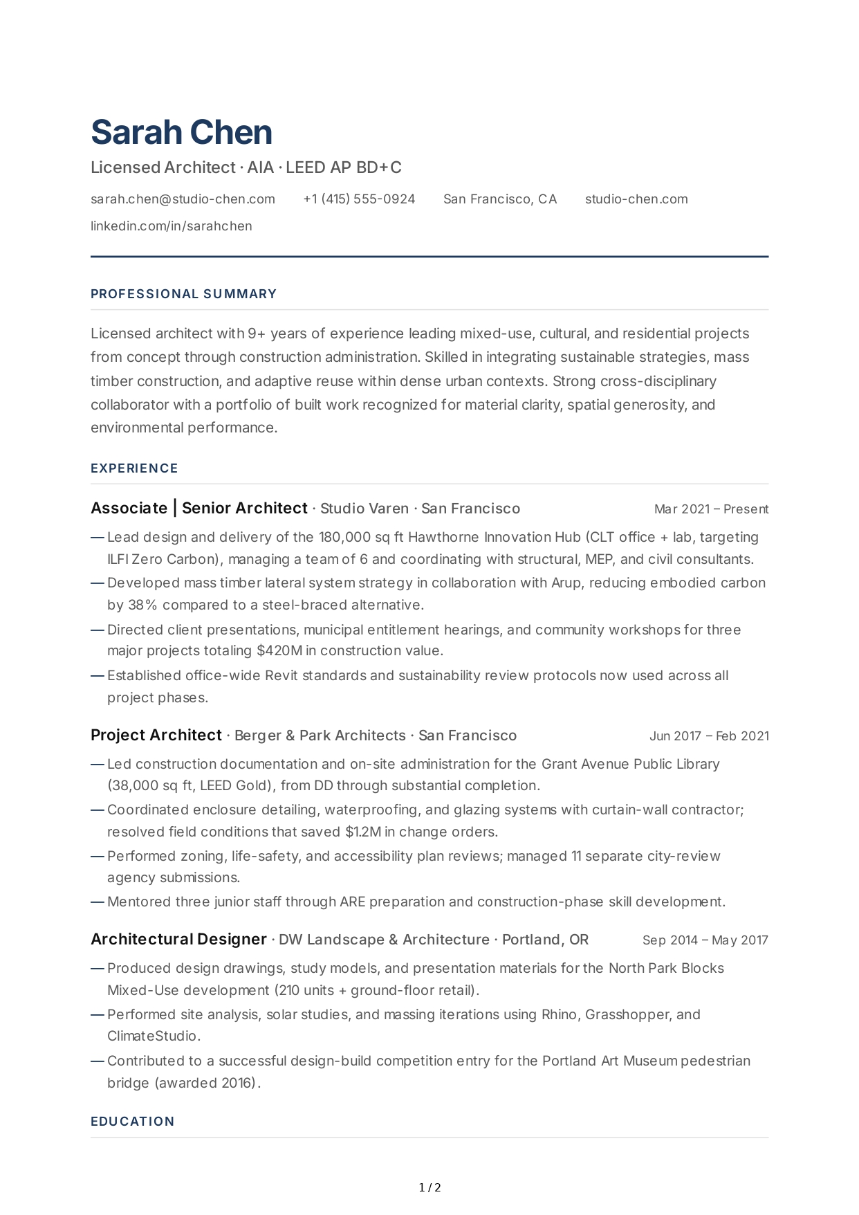 Architect CV - Free AI CV Maker, 50+ Real CV Examples