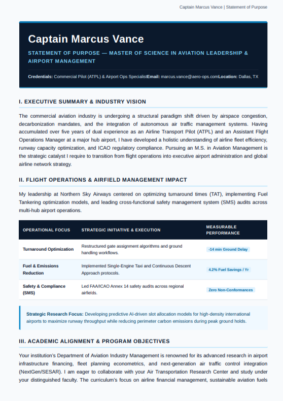 Aviation Management Statement of Purpose - Free AI Statement of Purpose Generator with 50+ Real SOP Examples