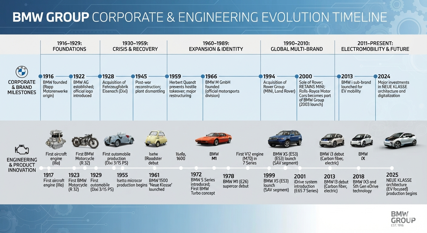 BMW Group Corporate & Engineering Evolution Timeline - Free AI Timeline Generator, 50+ Real Timeline Examples