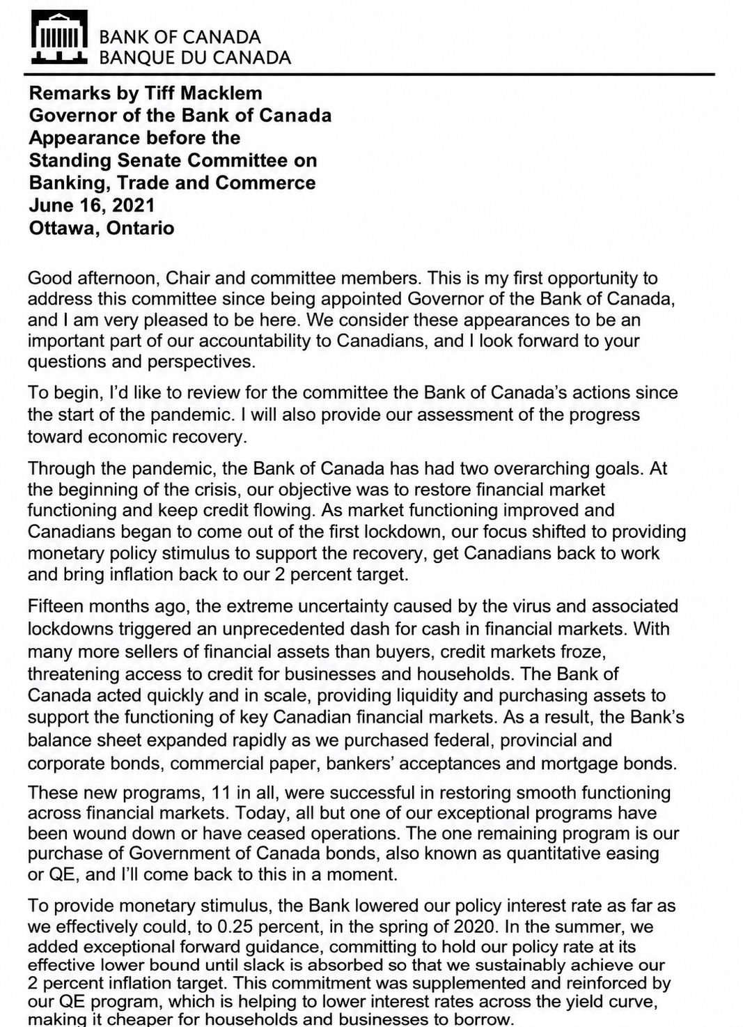 Bank of Canada Senate Committee Opening Statement - Free AI Opening Statement Generator, 50+ Real Opening Statement Examples